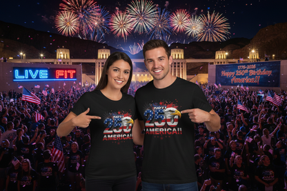 Black t-shirt with American flag design and eagle graphic on a white background