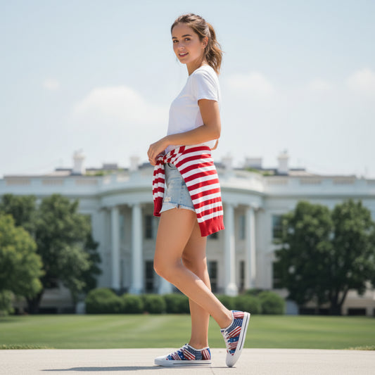 Patriotic - Women's Low Top Sneakers - Stars & Stripes Design - White Sole & Black Sole to Choose From