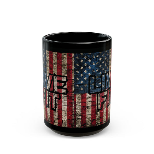 Sleek - Ceramic Black Mug - LIVE FIT - Vintage American Flag Backdrop Design - Gift for Patriots and Coffee Lovers - 11oz - 15oz -