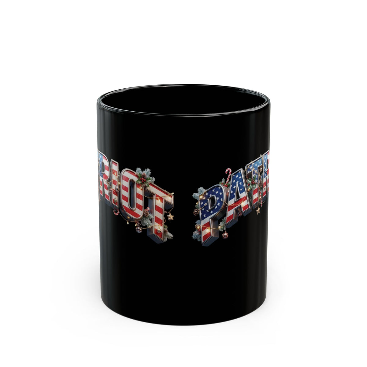 Patriot Christmas Black Coffee Mug - Flag Letters with Holly & Candy Canes | 11oz & 15oz