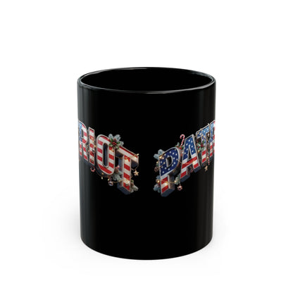 Patriot Christmas Black Coffee Mug - Flag Letters with Holly & Candy Canes | 11oz & 15oz