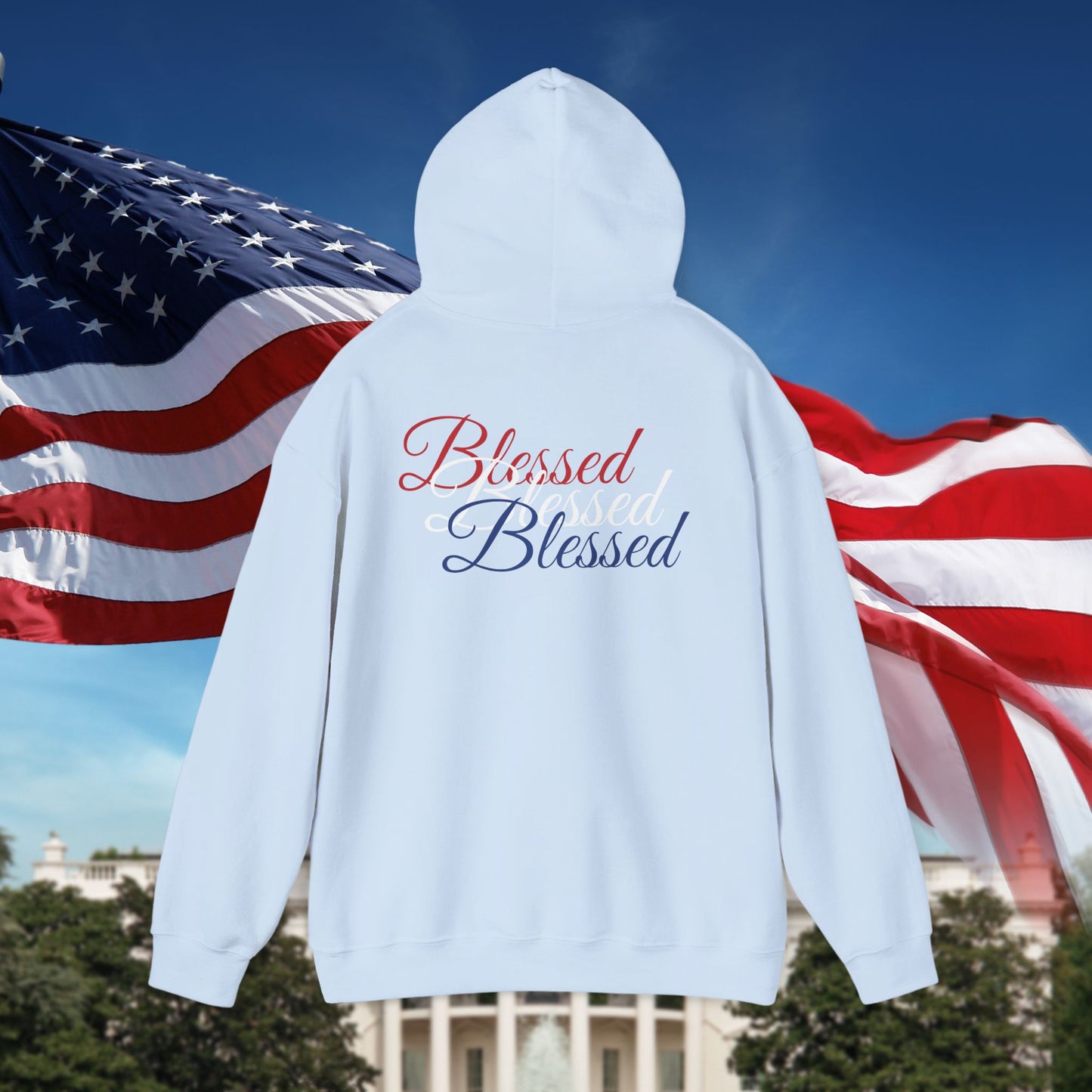 Blessed Hoodie – Patriotic Red, White & Blue Unisex Pullover Sweatshirt with Front & Back Print – Cozy, Positive Vibes Gift