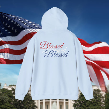 Blessed Hoodie – Patriotic Red, White & Blue Unisex Pullover Sweatshirt with Front & Back Print – Cozy, Positive Vibes Gift