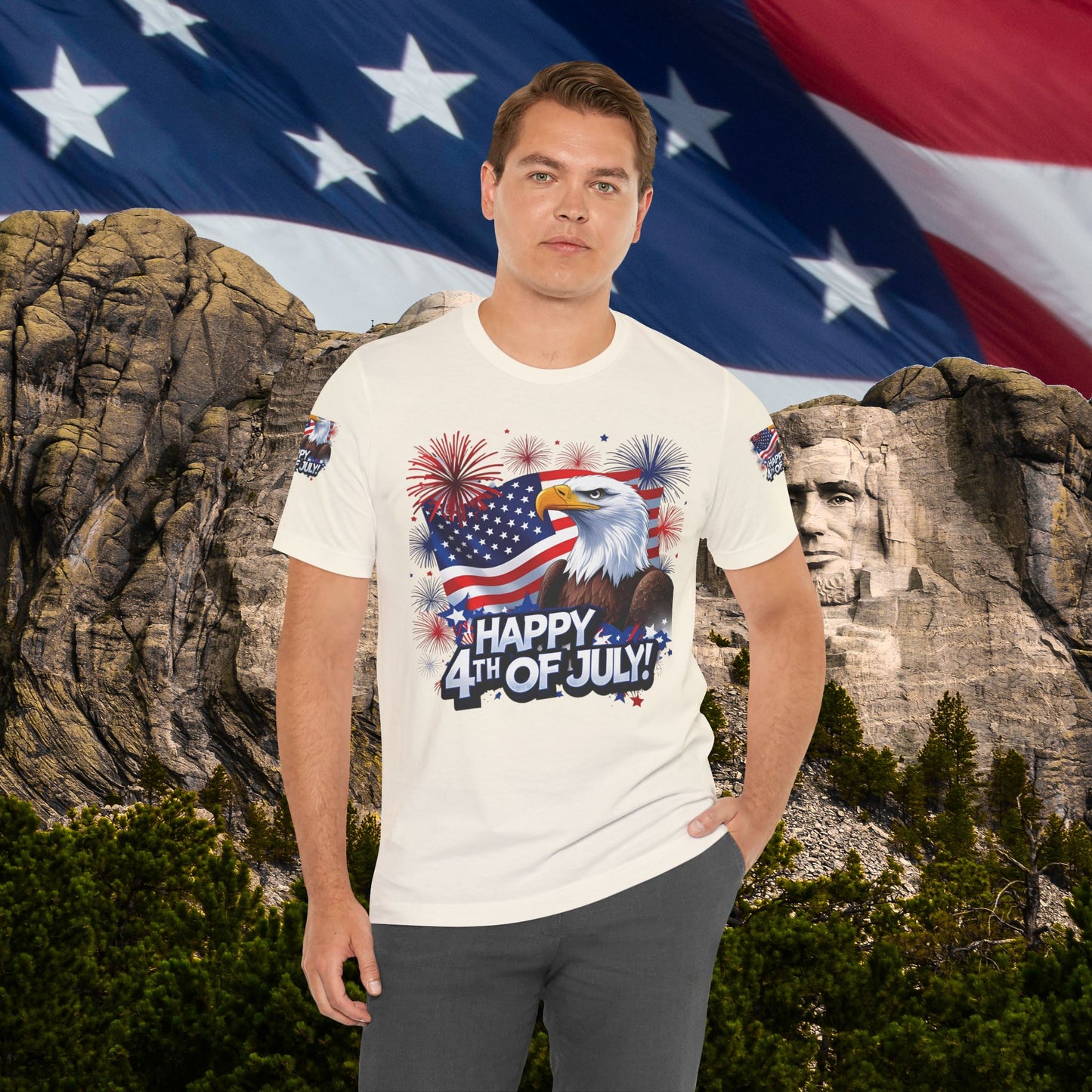Happy 4th of July,  Print Design, Unisex T-Shirt, Patriotic Print Design, Independence Day Shirt, Red White Blue Shirt, USA Tee Gift, Gift For Her, Gift For Him, American Flag, Bald Eagle