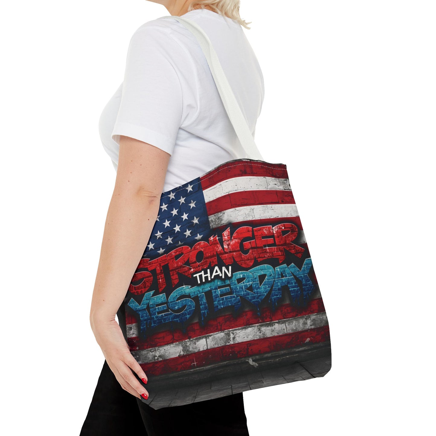 Patriotic Red White Blue Tote Bag - Stronger Than Yesterday - American Flag - Perfect for Fourth of July - Gym - Beach - Shopping - Gifts
