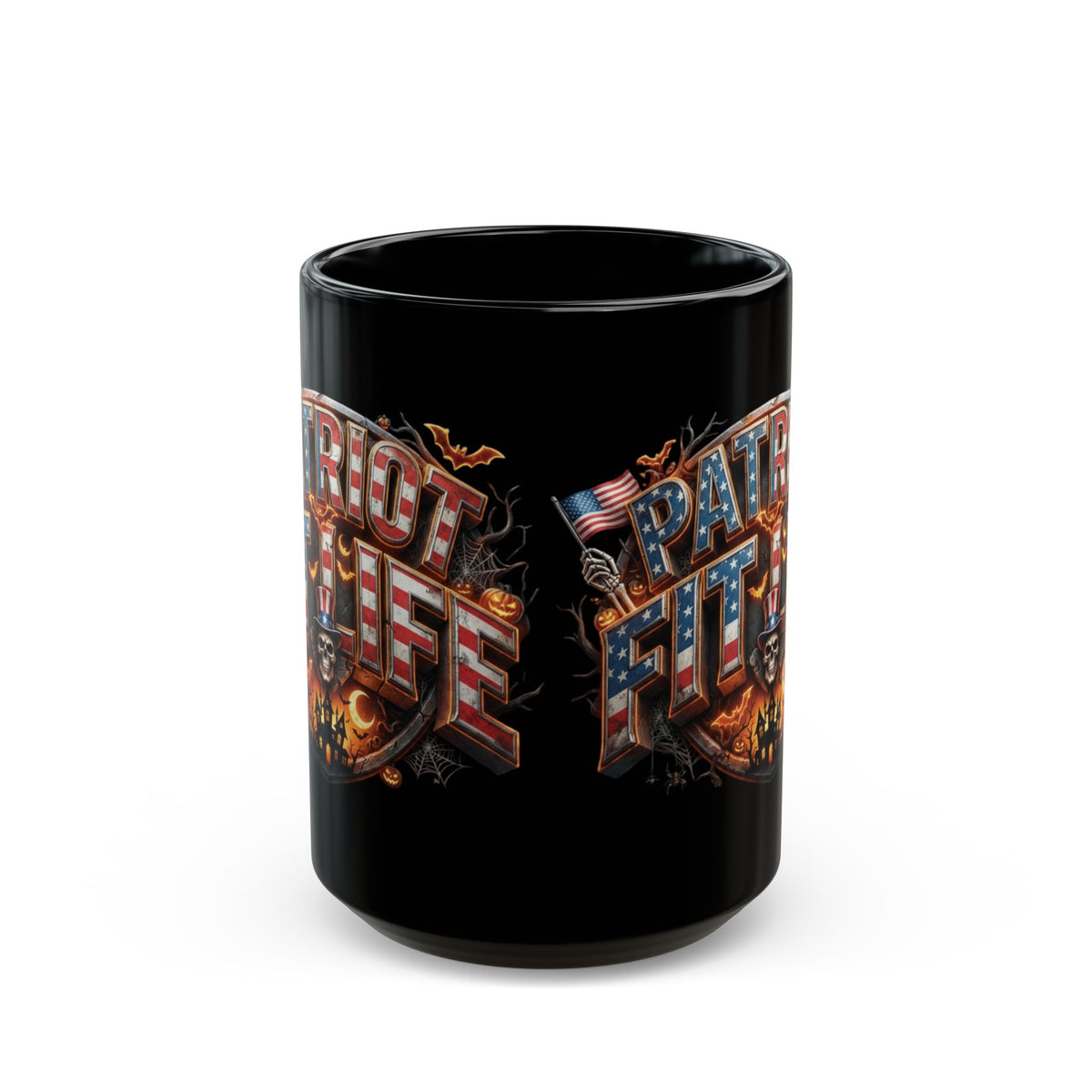 Patriot Fit Life Halloween Black Coffee Mug - Skull Crest Haunted Flag Graphic | 11oz & 15oz