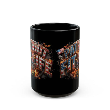 Patriot Fit Life Halloween Black Coffee Mug - Skull Crest Haunted Flag Graphic | 11oz & 15oz