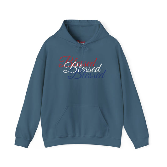 Blessed Hoodie – Patriotic Red, White & Blue Unisex Pullover Sweatshirt with Front & Back Print – Cozy, Positive Vibes Gift