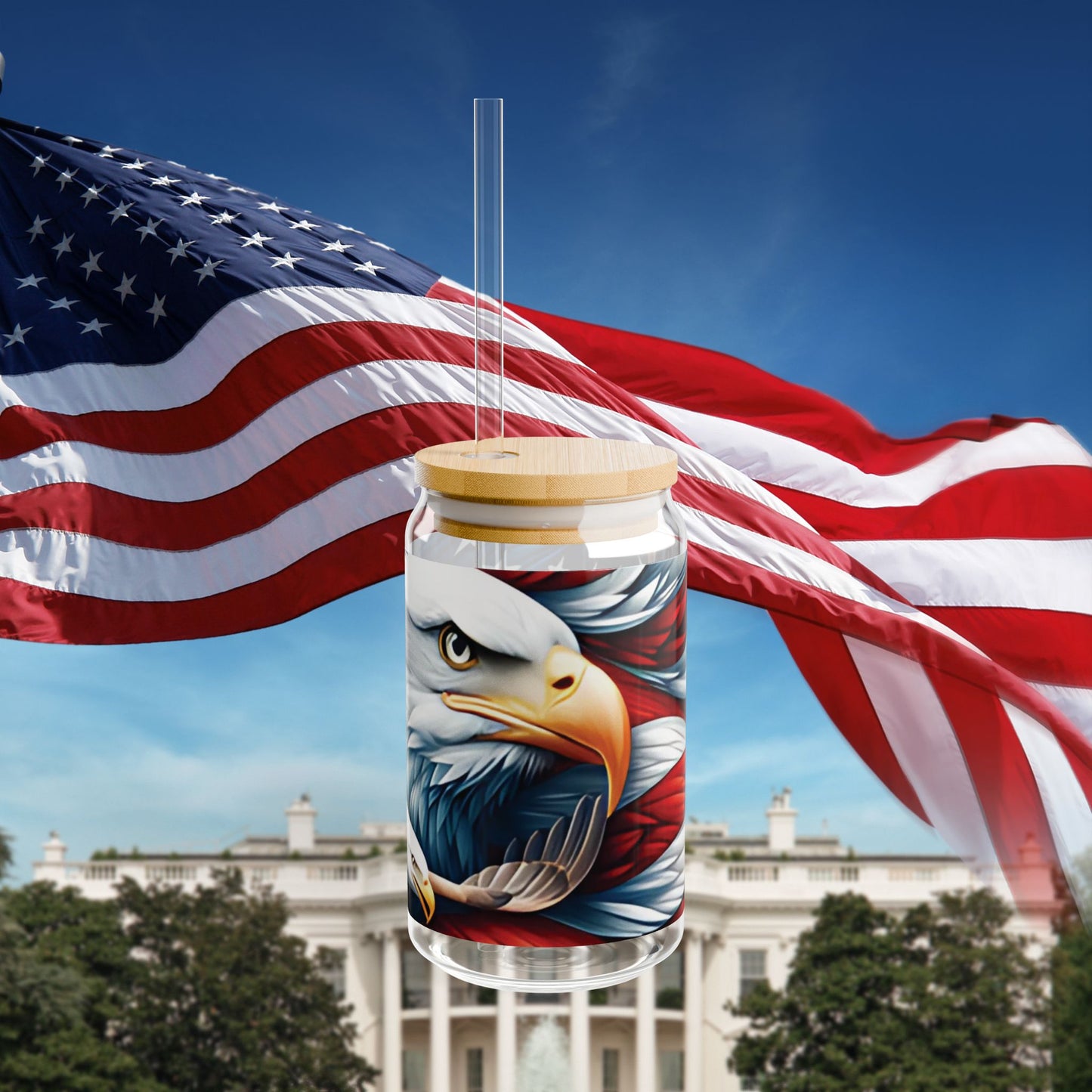 Patriotic American Eagle Sipper Glass - 16oz with Bamboo Lid & Straw - USA Gift