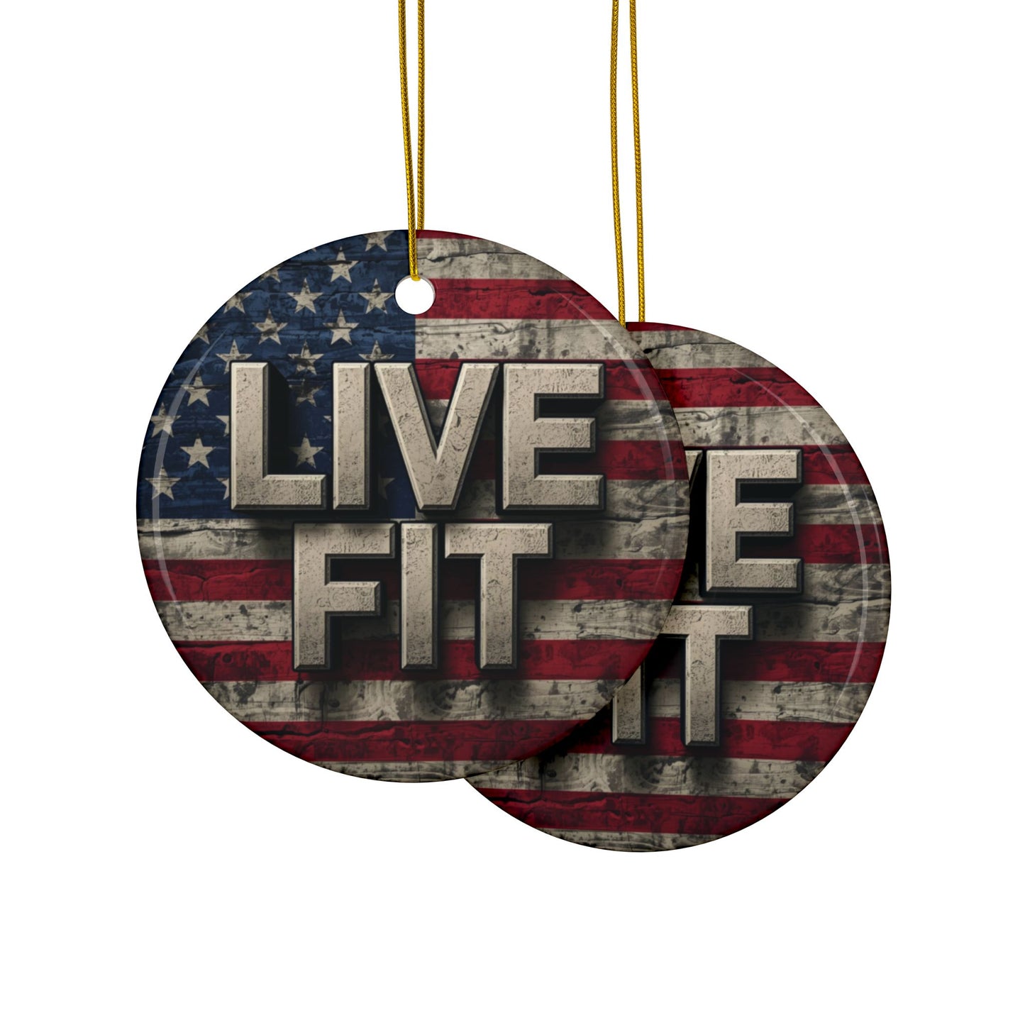 Stunning Patriotic Ceramic Ornaments - Live Fit - Vintage American Flag Backdrop - Decorative Holiday Decor (Various Packs 1-10) - Same Design Both Sides - Fitness