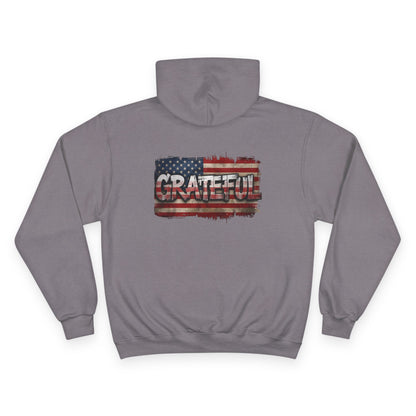 Champion Hoodie - Grateful American Flag - Red White Blue Backdrop