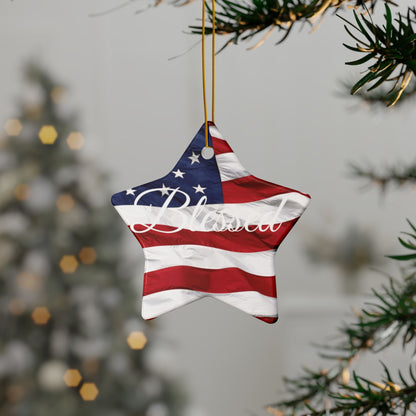 Ceramic Ornaments - White Blessed Print - American Flag Backdrop - Red White & Blue Design (1-10pcs)