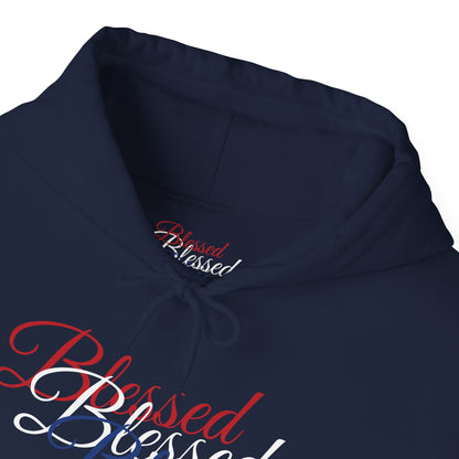 Blessed Hoodie – Patriotic Red, White & Blue Unisex Pullover Sweatshirt with Front & Back Print – Cozy, Positive Vibes Gift