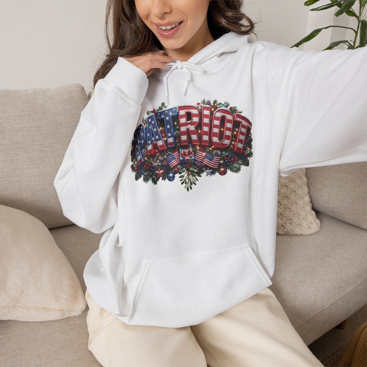 Patriot Christmas Hoodie - Arched PATRIOT Flag & Wreath Americana Graphic | Unisex S-5XL