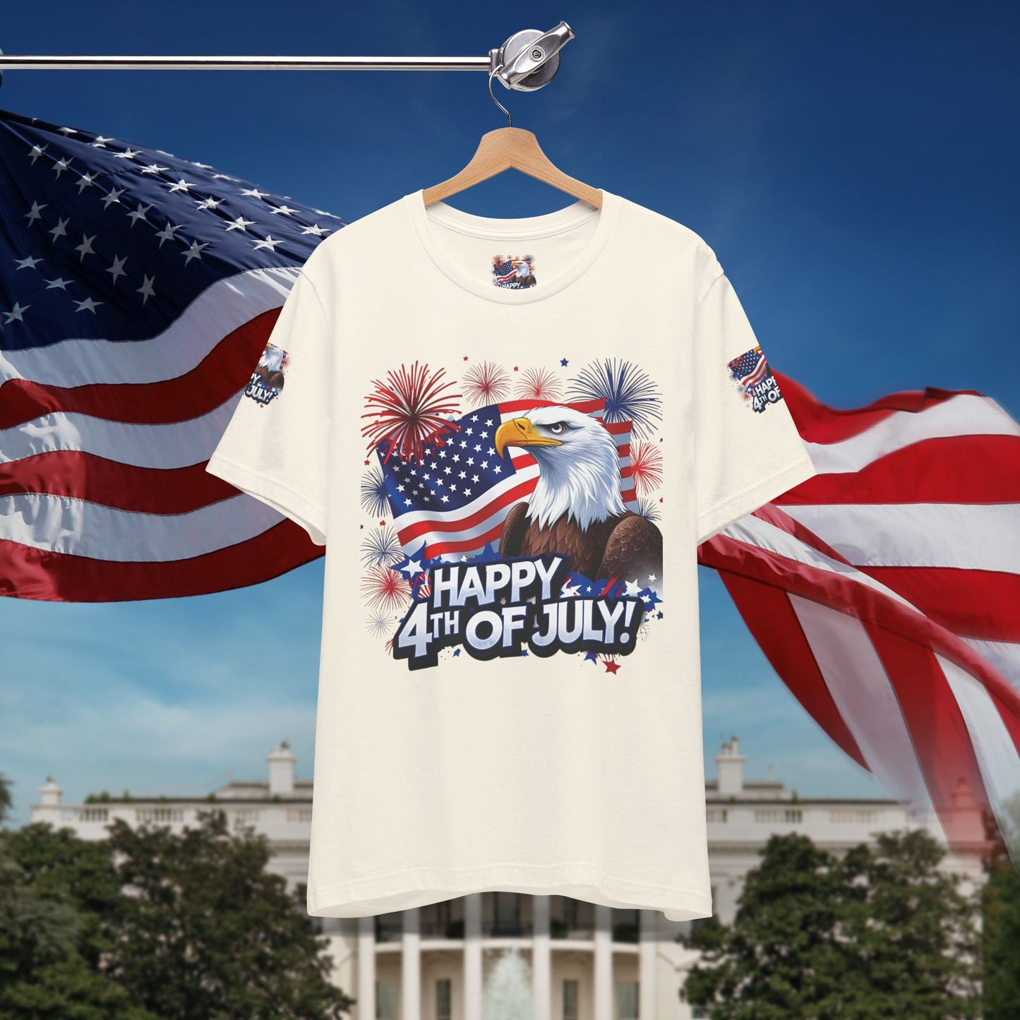Happy 4th of July,  Print Design, Unisex T-Shirt, Patriotic Print Design, Independence Day Shirt, Red White Blue Shirt, USA Tee Gift, Gift For Her, Gift For Him, American Flag, Bald Eagle