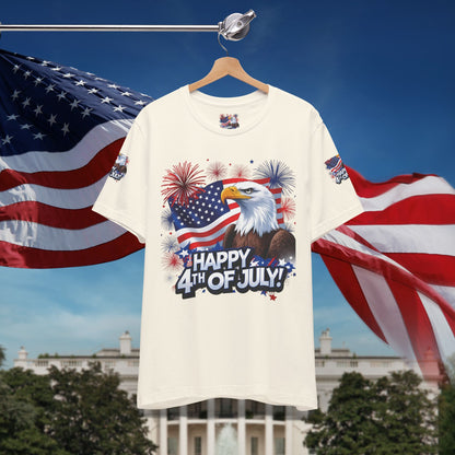 Happy 4th of July,  Print Design, Unisex T-Shirt, Patriotic Print Design, Independence Day Shirt, Red White Blue Shirt, USA Tee Gift, Gift For Her, Gift For Him, American Flag, Bald Eagle
