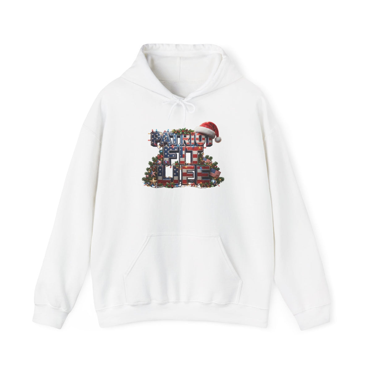 A white pullover hoodie with a festive colorful graphic on the chest depicting a PATRIOT FIT LIFE Christmas design with a red Santa hat, shown against a plain white background.