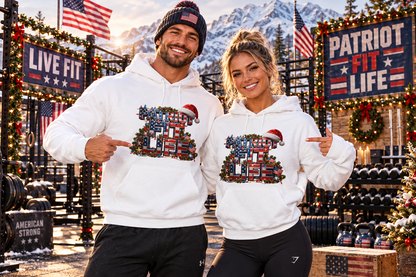 Patriot Fit Life Christmas Hoodie - Three-Line Flag & Garland Design | Unisex S-5XL