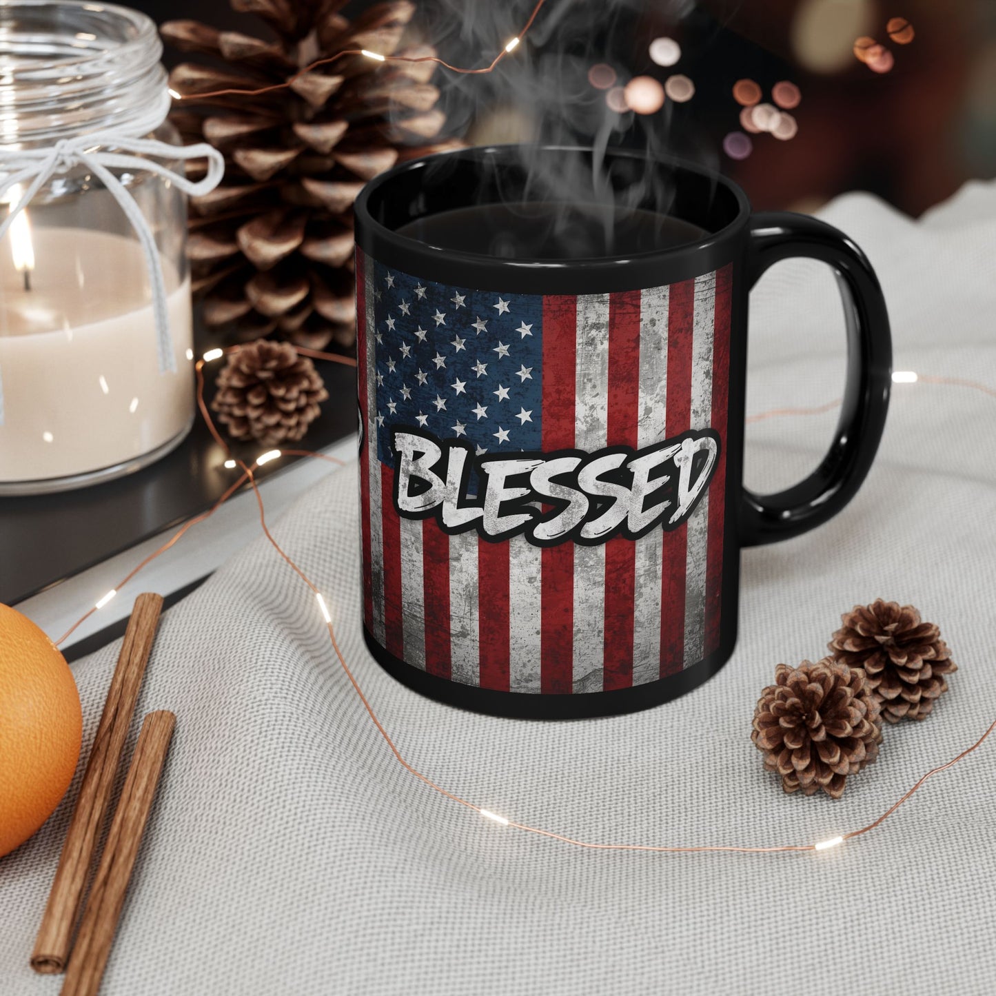 Sleek Ceramic Black Mug Blessed - American Flag - Patriotic Coffee Lover Gift - Home Decor - 11oz - 15oz