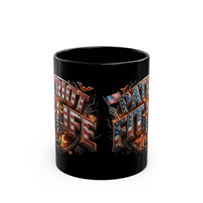 Patriot Fit Life Halloween Black Coffee Mug - Skull Crest Haunted Flag Graphic | 11oz & 15oz