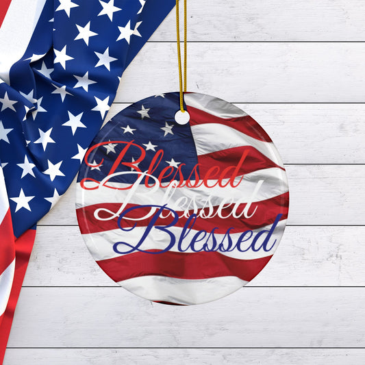 Patriotic Ceramic Ornaments - Blessed Design - American Flag Backdrop - Red White & Blue Blessed Print Design - (Multi-Pack) Options (1, 3, 5, or 10 pieces)