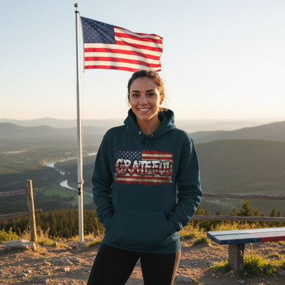 Champion Hoodie - Grateful Vintage American Flag Design - Red White Blue Backdrop - S - 3XL