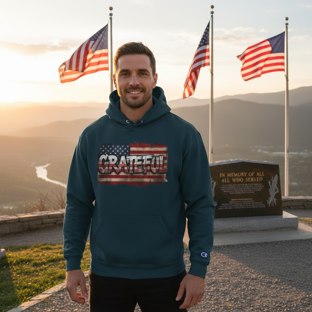 Champion Hoodie - Grateful Vintage American Flag Design - Red White Blue Backdrop - S - 3XL
