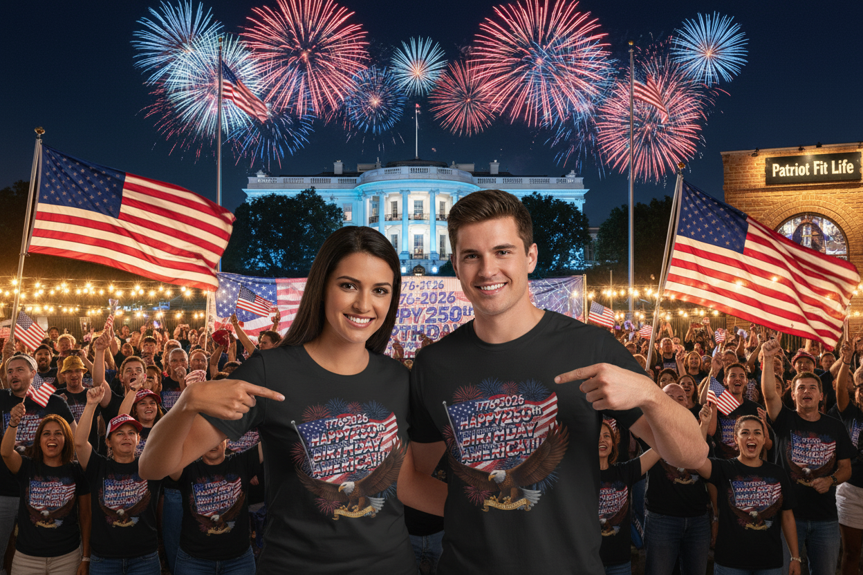 Two people in front of a crowd wearing black t-shirts that say 1776-2026 Happy 250th Birthday America!!! with American flags and fireworks, with the White House in the background.