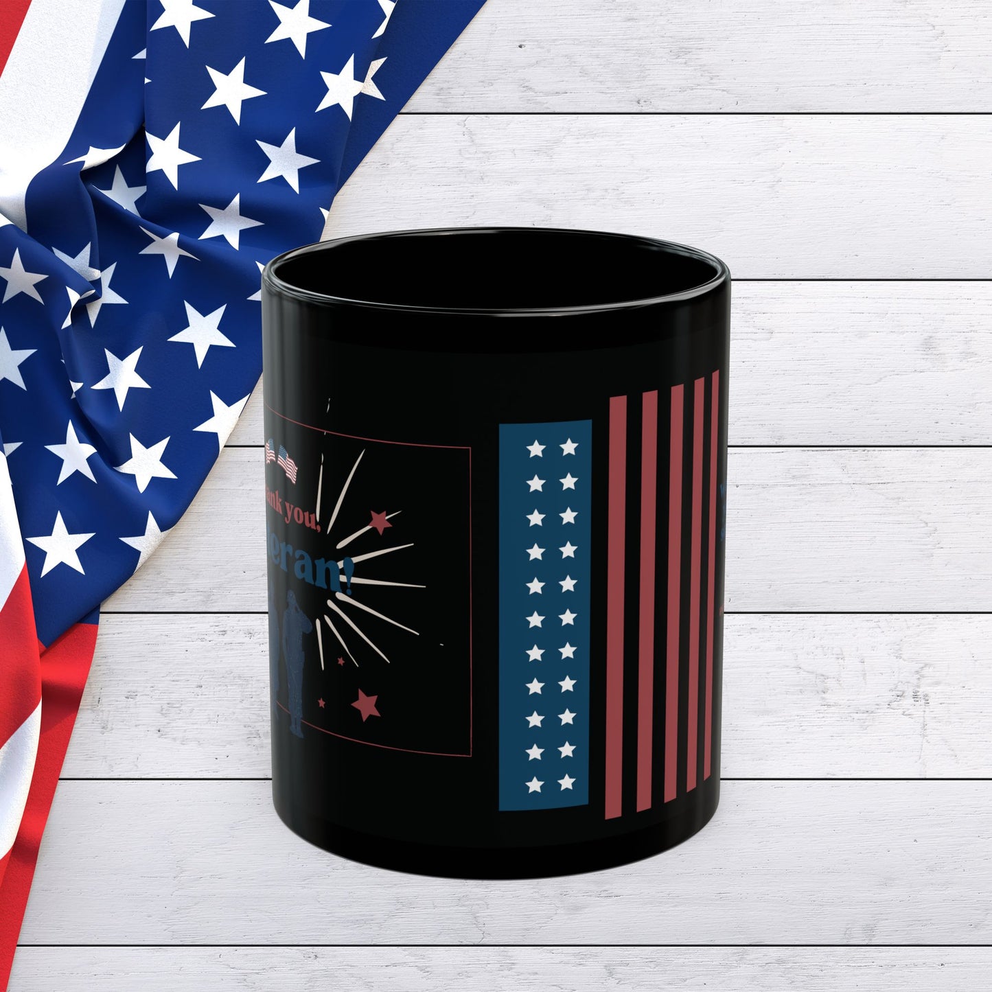 Veteran Appreciation Black Mug — "We appreciate your valiant service to the country" Patriotic Flag Coffee Cup (11oz/15oz)