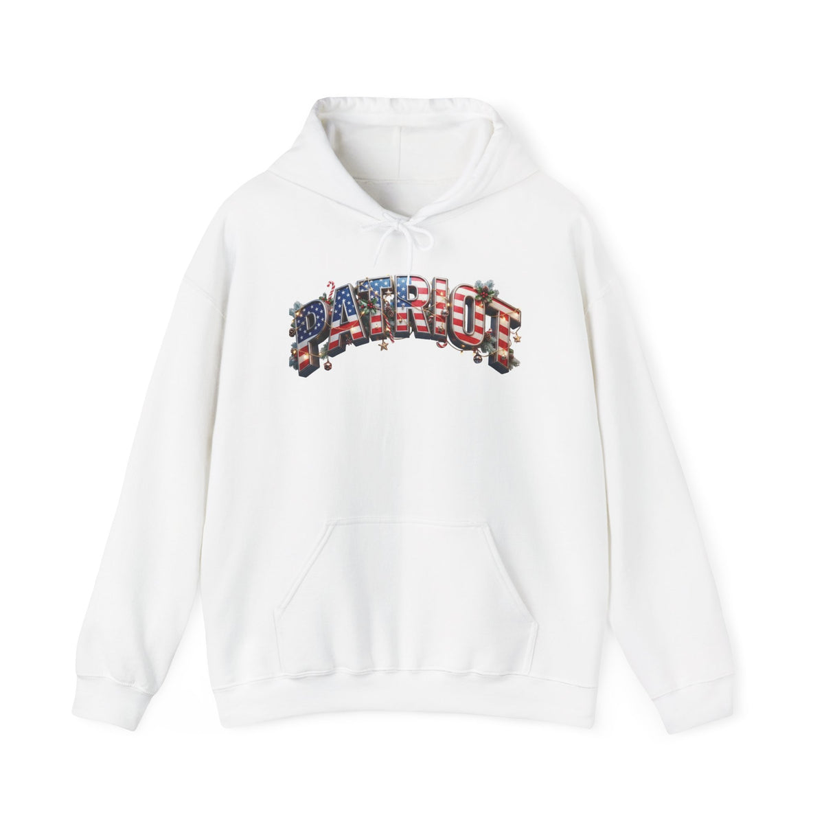 A white festive pullover hoodie featuring a patriotic-themed graphic on the chest that reads 'PATRIOT' in an American flag pattern.