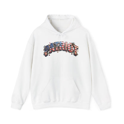 A white festive pullover hoodie featuring a patriotic-themed graphic on the chest that reads 'PATRIOT' in an American flag pattern.