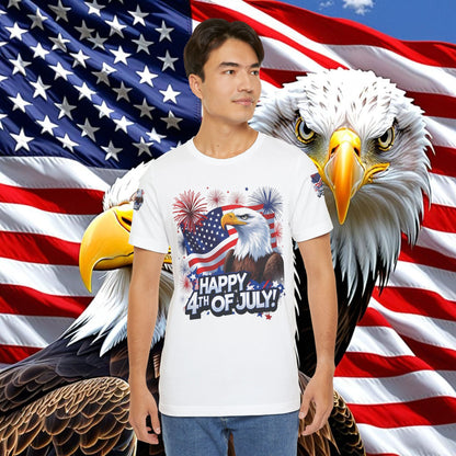 Happy 4th of July,  Print Design, Unisex T-Shirt, Patriotic Print Design, Independence Day Shirt, Red White Blue Shirt, USA Tee Gift, Gift For Her, Gift For Him, American Flag, Bald Eagle