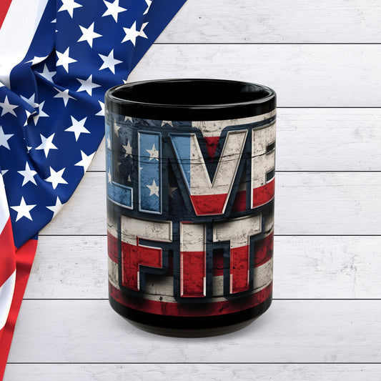 Eye-Catching - Red White Blue - Black Ceramic Mug - LIVE FIT - American Flag Backdrop