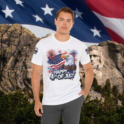 Happy 4th of July,  Print Design, Unisex T-Shirt, Patriotic Print Design, Independence Day Shirt, Red White Blue Shirt, USA Tee Gift, Gift For Her, Gift For Him, American Flag, Bald Eagle