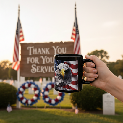 Thank You For Your Service Black Mug - Patriotic American Flag Bald Eagle - 11oz