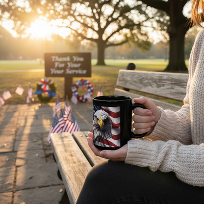 Thank You For Your Service Black Mug - Patriotic American Flag Bald Eagle - 11oz