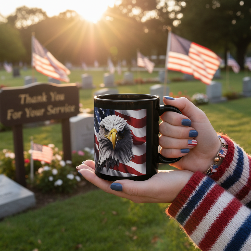 Thank You For Your Service Black Mug - Patriotic American Flag Bald Eagle - 11oz