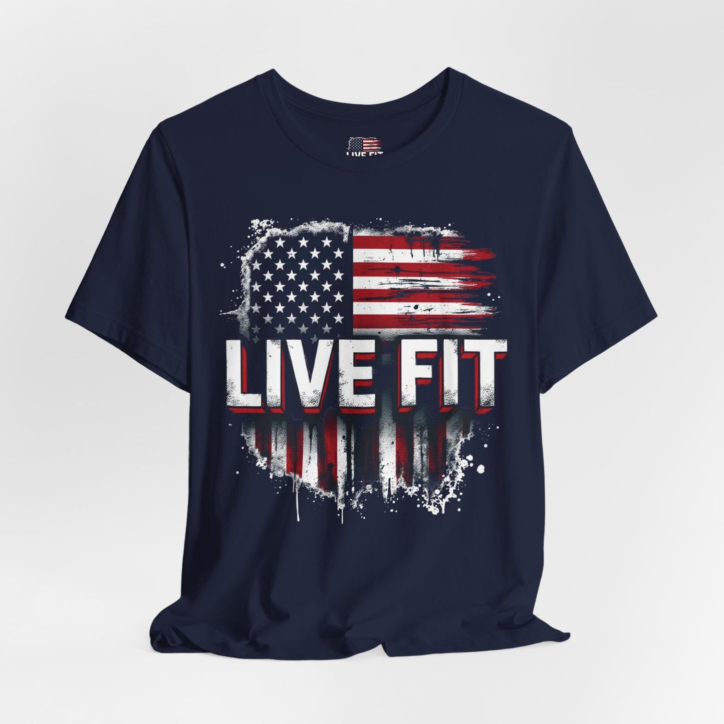 LIVE FIT American Flag T-Shirt - Patriotic Fitness Tee - Distressed USA Flag Design