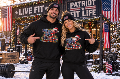 Patriot Fit Life Christmas Hoodie - Three-Line Flag & Garland Design | Unisex S-5XL