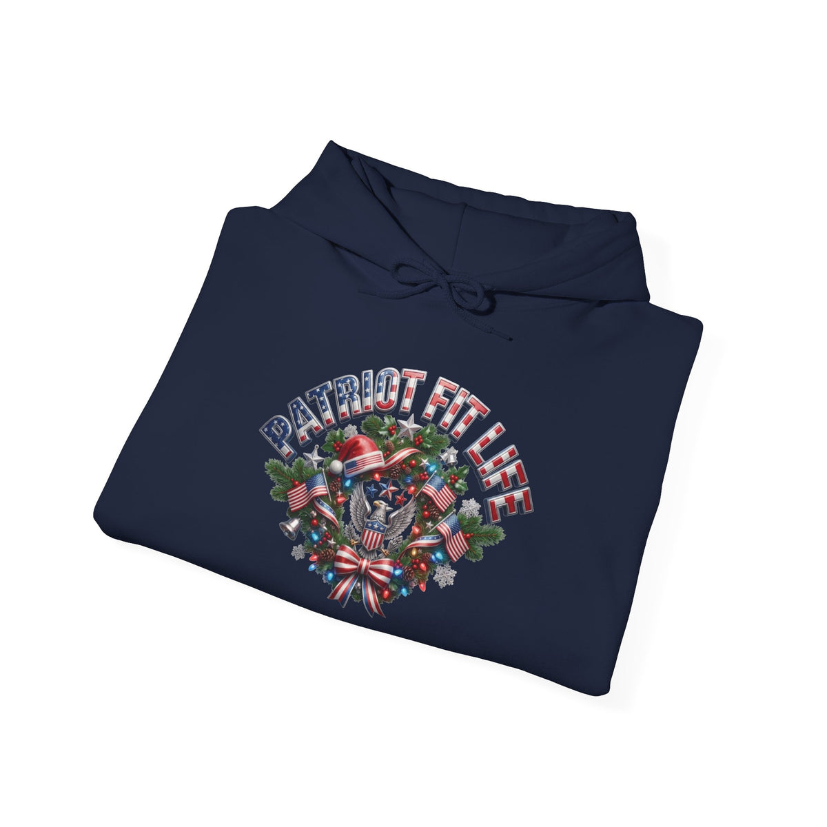 Patriot Fit Life Christmas Gym Hoodie - Eagle Barbell Wreath Americana Graphic | Unisex S-5XL