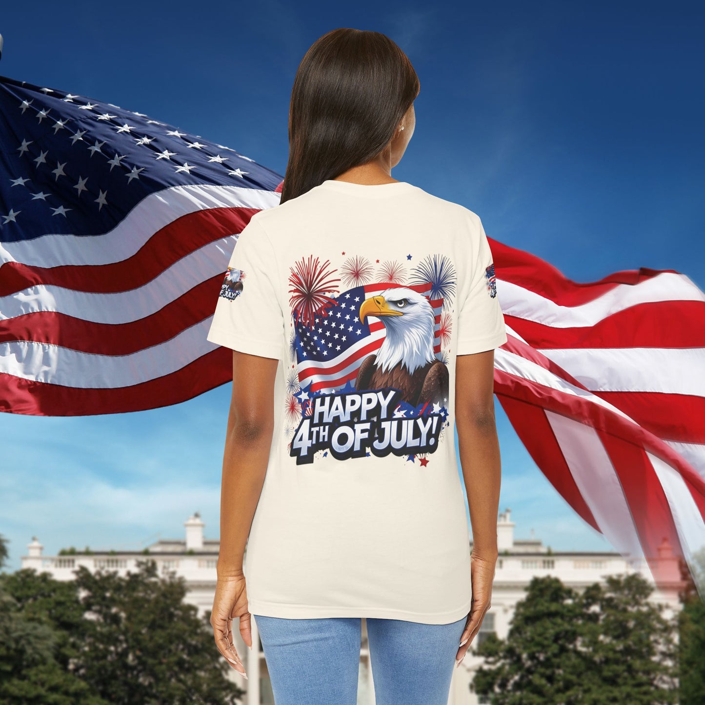 Happy 4th of July,  Print Design, Unisex T-Shirt, Patriotic Print Design, Independence Day Shirt, Red White Blue Shirt, USA Tee Gift, Gift For Her, Gift For Him, American Flag, Bald Eagle