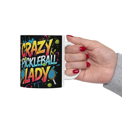 Colorful Crazy Pickleball Lady Mug, 11oz & 15oz, Fun Sports Gift for Pickleball Enthusiasts, Unique Ceramic Coffee Cup, Perfect for Birthdays