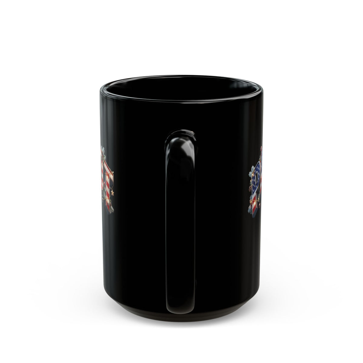 Patriot Christmas Black Coffee Mug - Flag Letters with Holly & Candy Canes | 11oz & 15oz