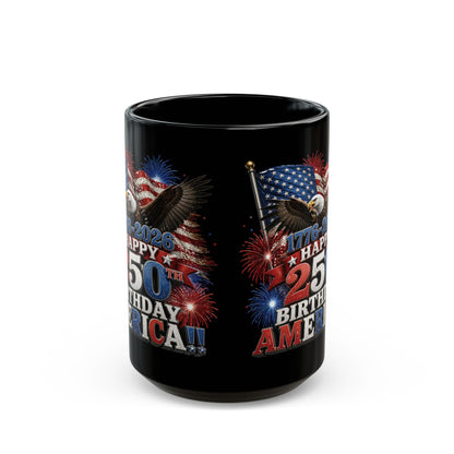 Happy 250th Birthday America Mug | 1776-2026 Patriotic Eagle Flag & Fireworks Black Coffee Cup