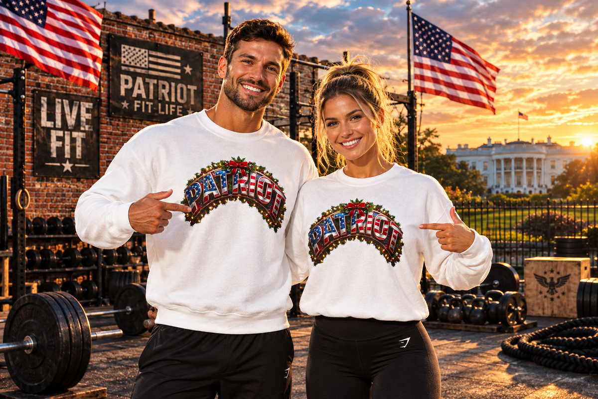 A man and a woman posing together in a gym setting at sunset, wearing matching white crewneck sweatshirts with a patriotic 'PATRIOT FIT LIFE' graphic on the chest, pointing at their designs.