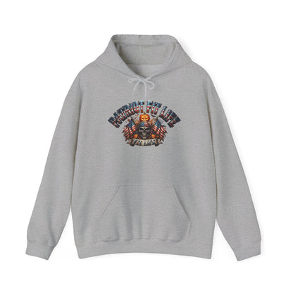 Patriot Fit Life Halloween Hoodie - Skull Crossed Flags & Pumpkins | Warrior Edition | Unisex S-5XL
