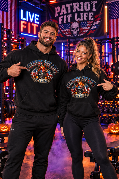Patriot Fit Life Halloween Hoodie - Skull Crossed Flags & Pumpkins | Warrior Edition | Unisex S-5XL