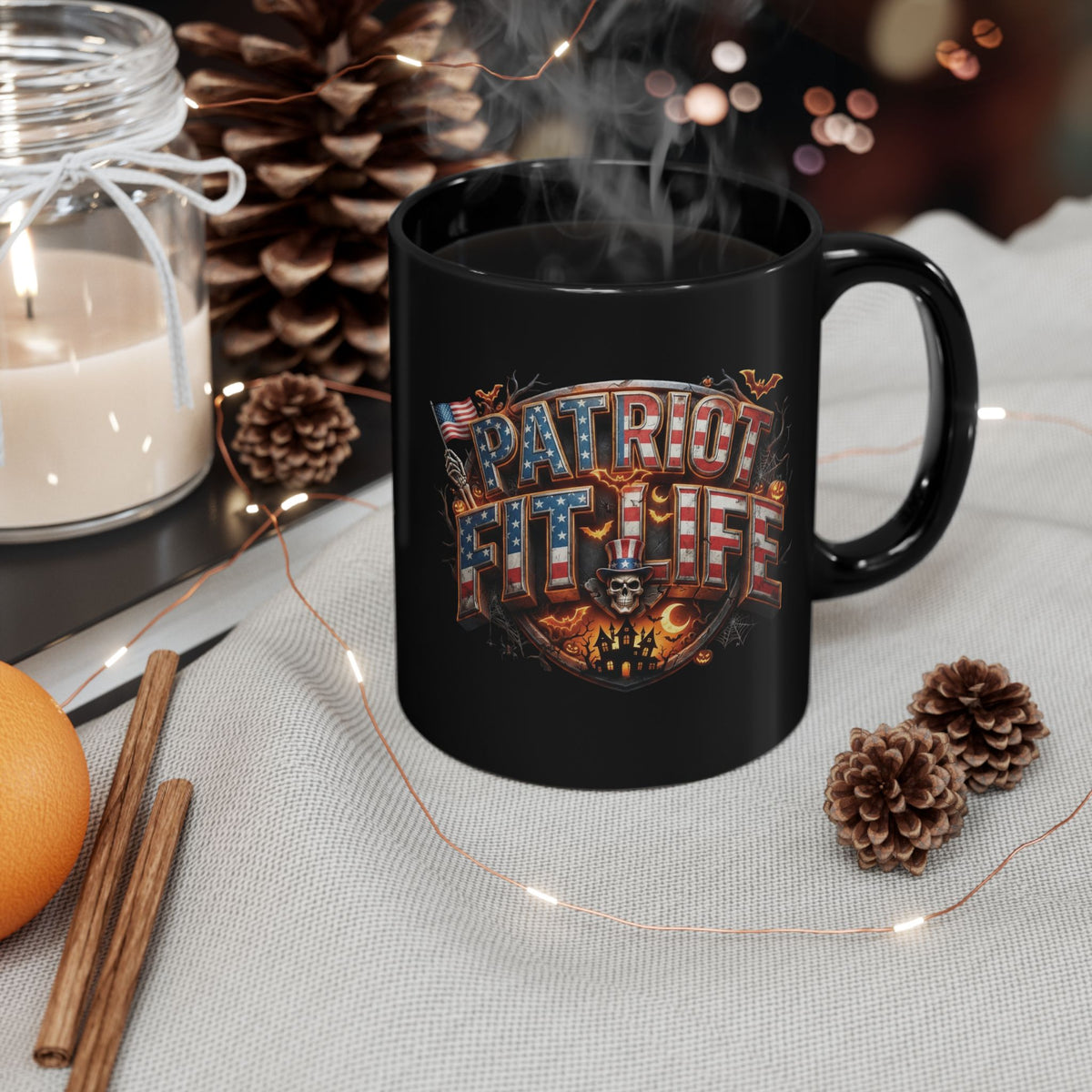 Patriot Fit Life Halloween Coffee Mug - Skull Crest Haunted Flag Graphic | Gothic Edition | 11oz & 15oz