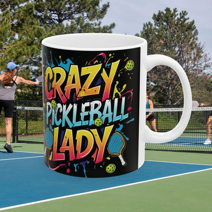 Colorful Crazy Pickleball Lady Mug, 11oz & 15oz, Fun Sports Gift for Pickleball Enthusiasts, Unique Ceramic Coffee Cup, Perfect for Birthdays