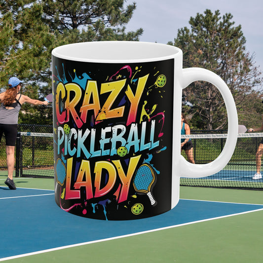 Colorful Crazy Pickleball Lady Mug, 11oz & 15oz, Fun Sports Gift for Pickleball Enthusiasts, Unique Ceramic Coffee Cup, Perfect for Birthdays